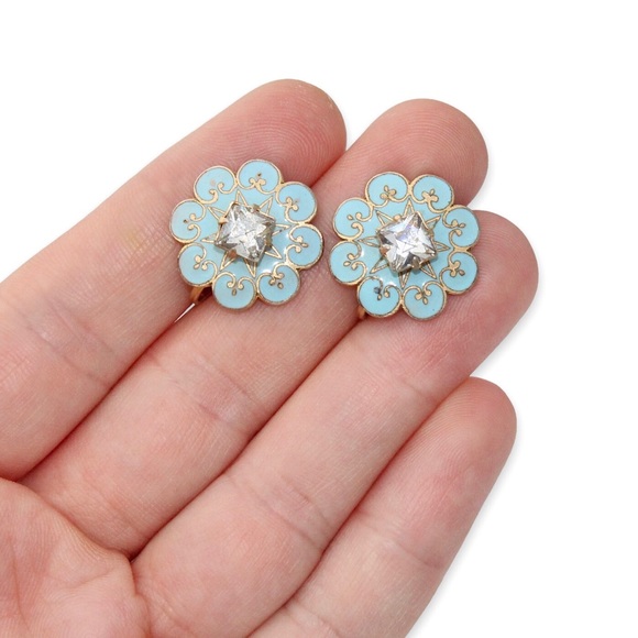 Vintage Blue Enamel Cloisonne Rhinestone Flower Screw Back Earrings Gold Tone - Picture 4 of 4
